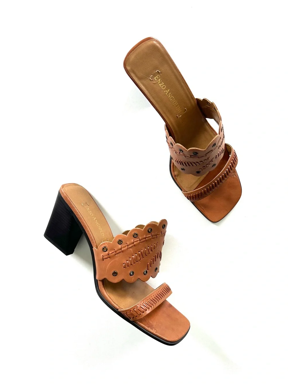Enzo Angiolini Tan Brown Genuine Leather Woven Studded Open Toe Slide Heels
